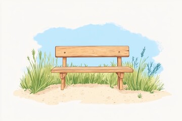 Wooden bench surrounded by grass on a sunny day, perfect for relaxation.