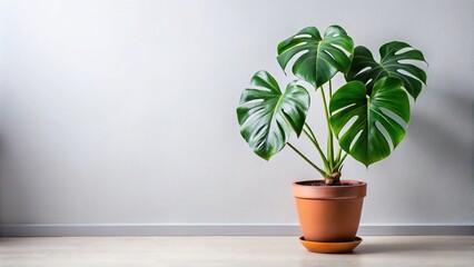 Monstera plant in a pot isolated on white background tilted angle