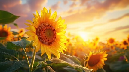 Canvas Print -   Sunflower surrounded by sunflowers under cloudy sky