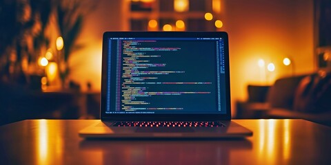 A laptop with lines of code on the screen set in a warm, home-office environment
