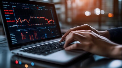 Trader analyzing data on virtual screen.Price graph and indicator. Stock market invest and crypto currency. Stock market and business investment.