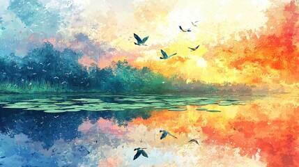 Wall Mural -  Birds flying above water, sky, trees and water lilies