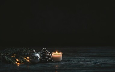 Wall Mural - A cozy candle with ornaments and pinecones on a wooden table during a quiet winter evening