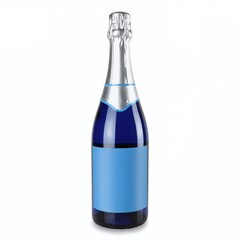 Elegant blue sparkling beverage bottle displayed against a plain background, showcasing its unique color and design