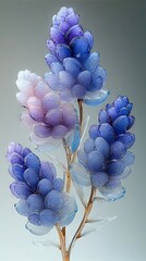 Poster -   A cluster of blue and purple blooms resting atop a white table, beside a glass vase brimming with water