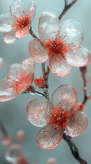 Poster -   A high-resolution photo of a flower on a tree branch with water droplets, showcasing a clear focus and vibrant colors The background is softly blurred, adding depth