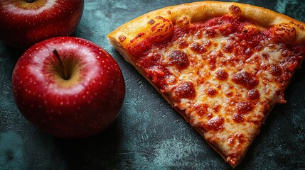 Pizza and apple. Healthy vs unhealthy food diet and lifestyle concept, weight loss calorie decision, fast food vs fruit, good or bad, junk or fresh, choose nutrition