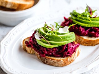 Delicious open-faced sandwich topped with beetroot spread, fresh cucumber, and arugula on whole grain bread served on a decorative plate