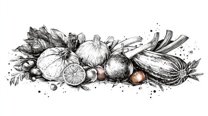 Canvas Print -  Monochromatic illustration depicting various produce against a stark backdrop, featuring splashes of pigment