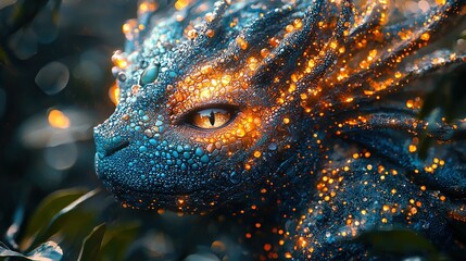 Poster -   Dragon's face with water droplets in close-up, tree in the background