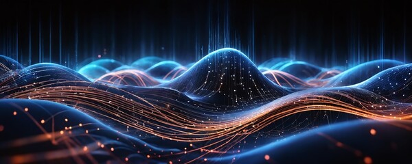 Abstract visualization of vibrant waves and flowing lines of light in a futuristic digital landscape at night