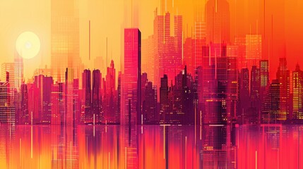 Sticker - Vibrant Cityscape at Sunset with Abstract Elements