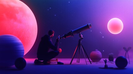 Wall Mural - a person observing distant planets through a telescope in a vividly colored cosmic setting during tw
