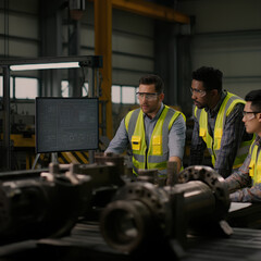 Engineers analyze technical data on a monitor during a project discussion in an industrial facility.