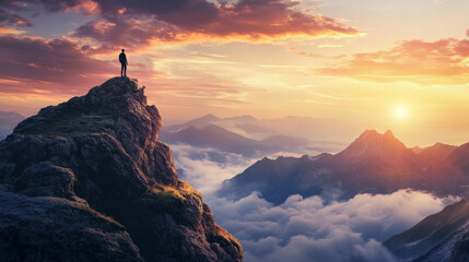 person standing on mountain peak looking out at stunning sunset over clouds, evoking sense of adventure and tranquility