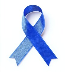 Top view of the blue ribbon on white background. Cancer awareness ribbon.