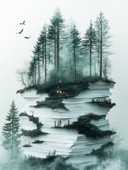 Sticker - Surreal Digital Landscape: A serene forest perched on a rocky cliff, with misty hues and a glowing campfire, perfect for nature-themed designs.