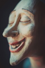 Poster - Close-Up of a Smiling Wooden Puppet Face: An Artistic Representation for Decorative Use