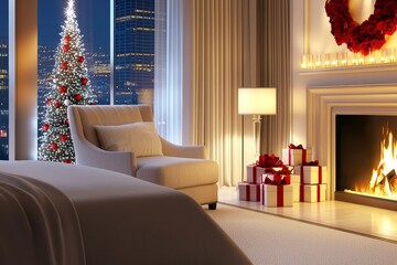 An interior in white tones with a red New Years tree, a box of presents, and an artificial fireplace decorates the room