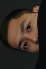 Poster - Artistic Portrait: A close-up of a young man partially hidden in shadow, evoking mystery and introspection; ideal for emotional projects.