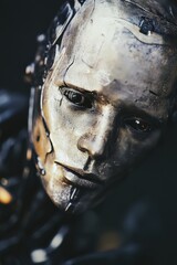 Poster - Close-up of a realistic robot face, featuring metallic textures and intricate details, suitable for science fiction themes.