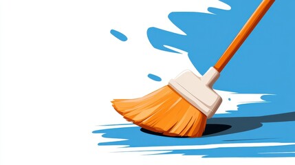 An orange broom swirls bright blue paint on a white surface, representing creativity in motion and the dynamics of art in a modern and colorful illustration.