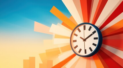 A round clock is set on a vibrant background with sunburst-style rays extending outward, featuring a blend of orange, red, and muted tones representing dynamic movement.