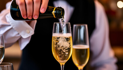 Waiter pouring champagne into glass, closeup view