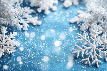 Wall Mural - enchanting light blue winter background featuring white snowflakes and glittering bokeh effect
