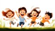 © Design Depot - A group of four happy children running freely through a colorful breezy meadow, capturing the essence of joy, freedom, and playfulness in an animated style.
