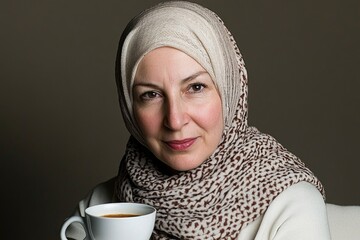 Portrait of mature woman in headscarf holding coffee cup