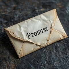 An old, crumpled envelope with the word 'Promise' written on it, symbolizing trust and commitment in personal relationships.