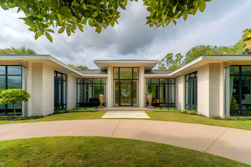 A sleek and fashionable modern dream home with a minimalistic design, big windows, and clean lines.