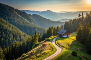 Mountain valley house on hillside road against forest and clear sky