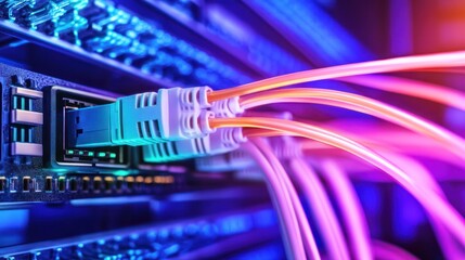 Poster - Close-up of Network Cables Connected to a Server Rack
