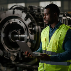 A technician in a safety vest works on a laptop near industrial machinery in a factory setting.