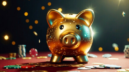 Wall Mural - golden piggy bank on the table