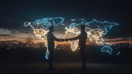 Poster - Two Silhouettes Shaking Hands Against a Luminous World Map
