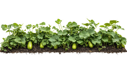 lush cucumber plants with ripe cucumbers growing in a row, showcasing healthy foliage and vibrant gr