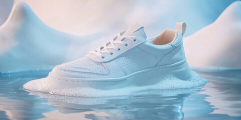 Closeup of white shoe sneaker wash in water and soap foam. Effective cleaning of white shoes, bleach, Dirty or clean footwear