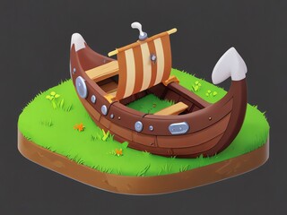 Cartoon Viking Boat on Grass