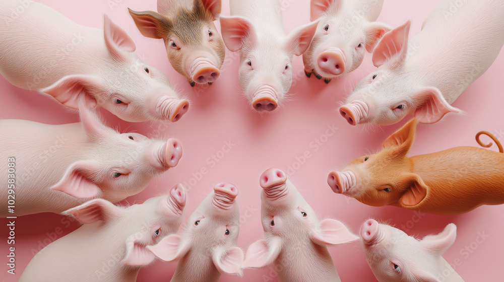 Nine piglets are looking at the camera, their snouts pointing towards ...