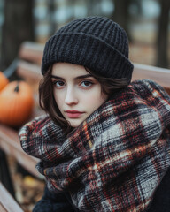 Cozy autumn portrait of a young woman wearing a plaid scarf and knit hat. Captures fall fashion and seasonal vibes with warm clothing, pumpkins, and outdoor setting for lifestyle photography.