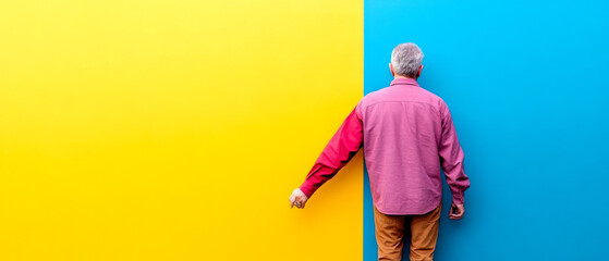 A person stands with their back against two vibrant walls, one yellow and one blue, embodying a sense of creativity and individuality in a colorful environment.