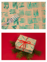 Wall Mural - Fork and paint decorative stamp tutorial, DIY personalized wrapping paper. Creative Christmas activity for kids, crafting unique designs on paper with simple materials for festive fun