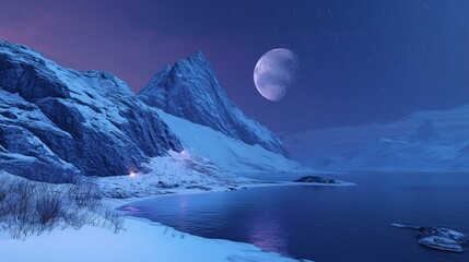 Poster - Snowy mountain landscape under a clear night sky with a large moon reflecting on calm waters near a frozen shoreline