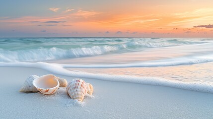 Poster - Seashells on a sandy beach at sunset with gentle waves and a colorful sky reflecting the day's end