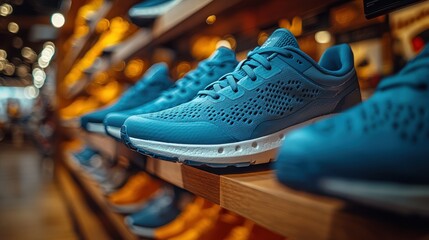 Running sport footwear shoes collection in a store shop. Choosing from many different sneakers on a shelf, copy space, shopping consumerism customer