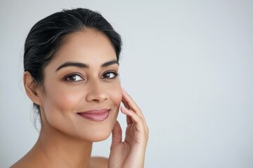 Poster - Close-up portrait of a woman. Background with selective focus and copy space for text