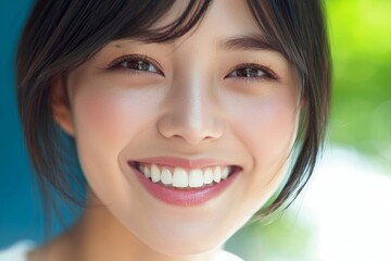 Wall Mural - Close-up portrait of a woman. Background with selective focus and copy space for text